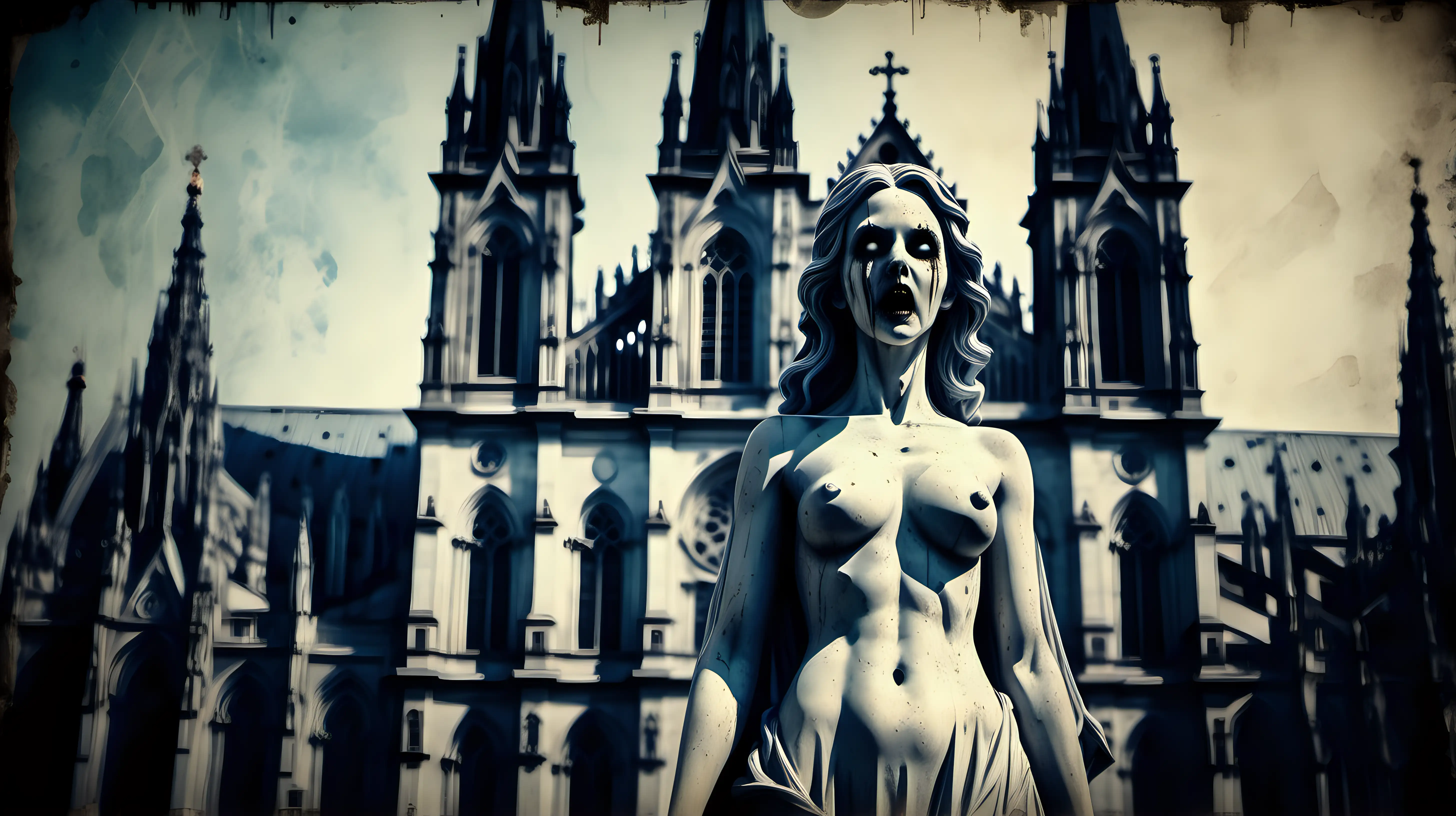 Gothic Female Statue Instills Terror in Front of Huge Cathedral Facade Grunge Art