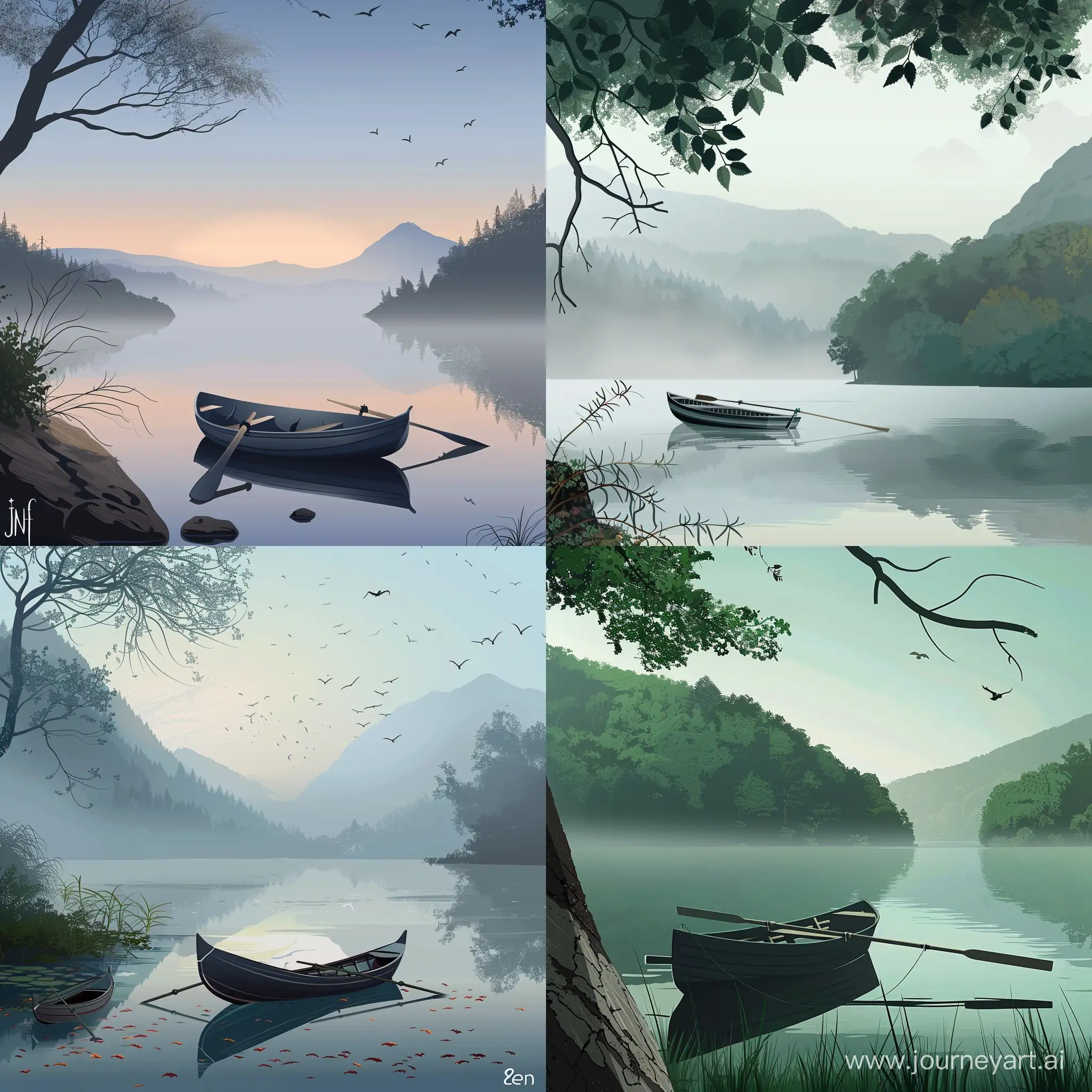 a stunningly beautiful landscape photo of a misty lake and a rowboat by photographer Ian Ely, in cartoon vector style