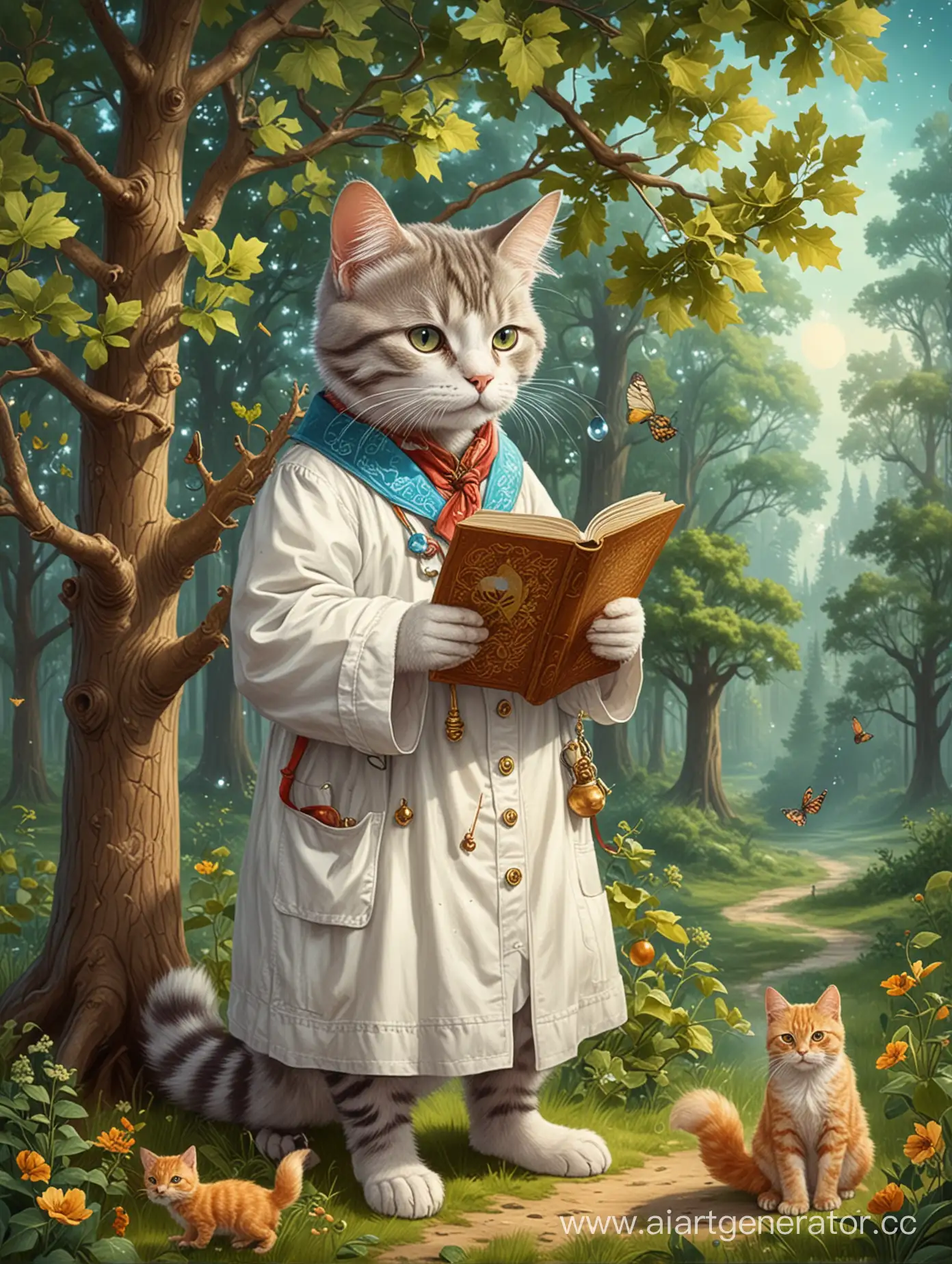 карточка кот ученый у дуба в стиле русских сказок