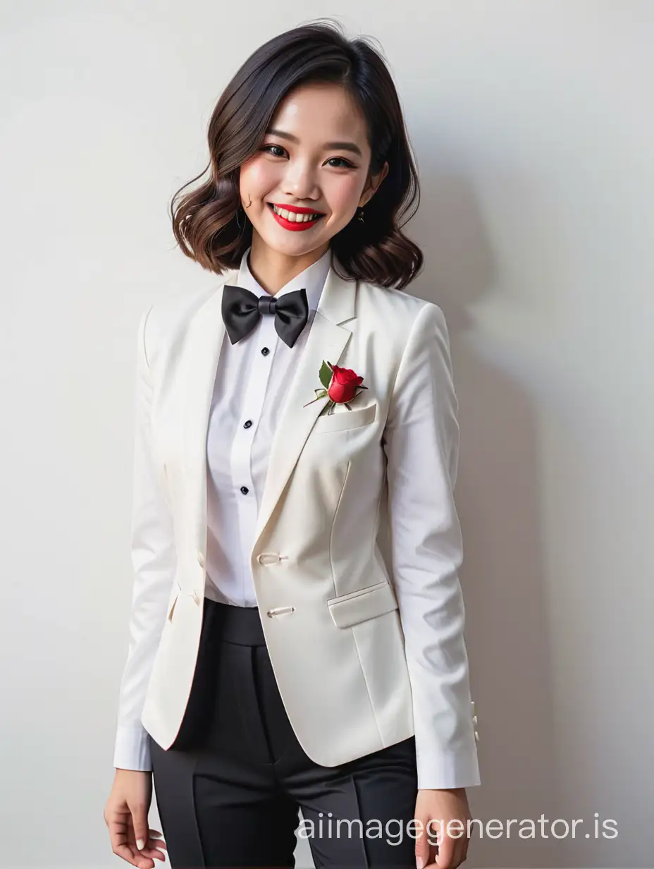  A smiling and laughing vietnamese woman with shoulder length hair and red lipstick. She is wearing a white dinner jacket over a white shirt with french cuffs and black cufflinks.  Her bow tie is black.  Her corsage is a red rose.  Her pants are black.  Her jacket is open.