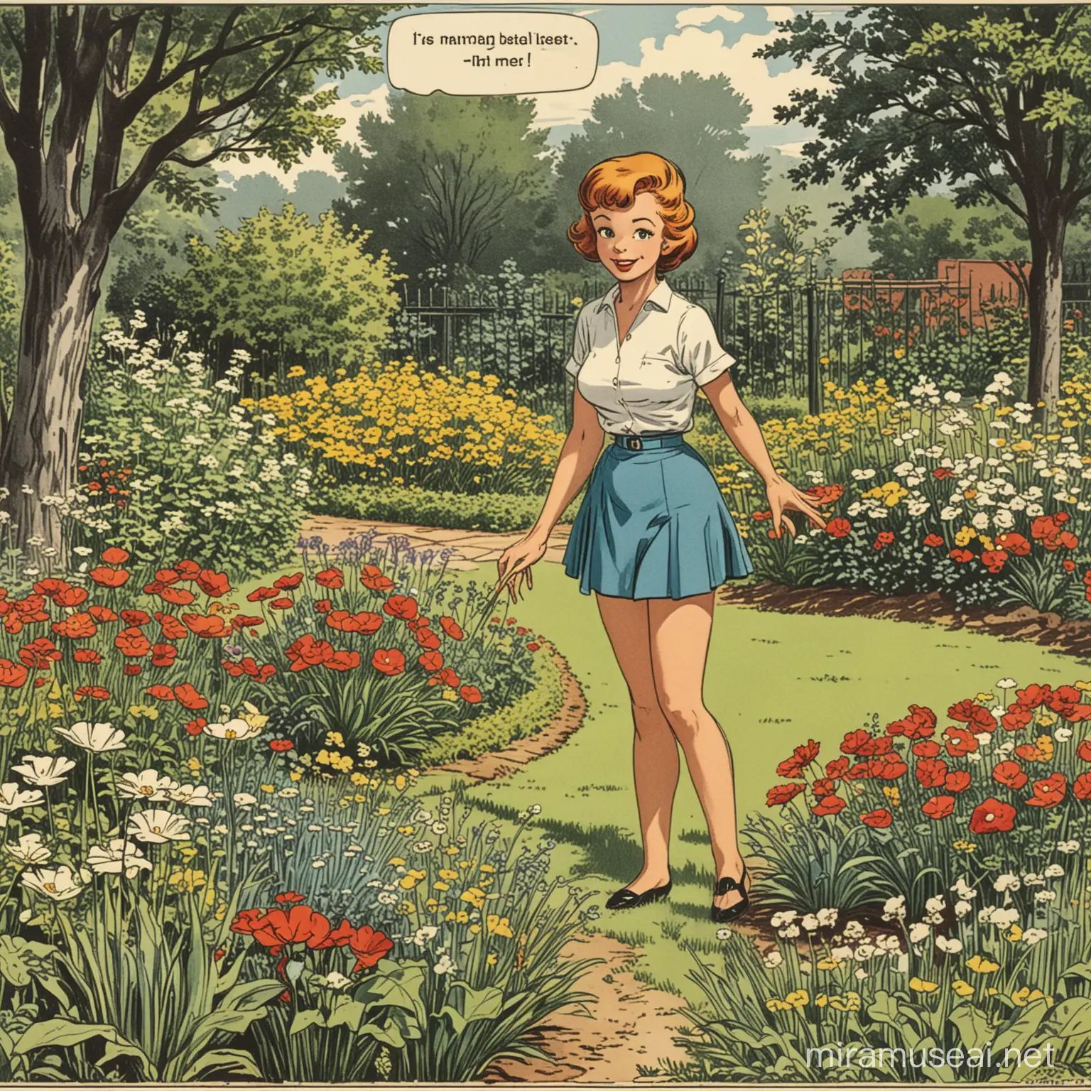 Vintage Comic Strip of Martine Enjoying Nature in a 1960s Garden