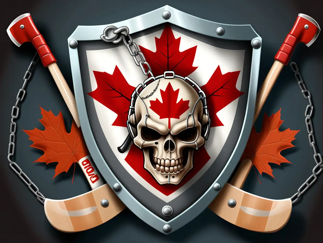 The word "PORRADA" in a banner around a Shield with a maple leaf, crossed axe and ice hockey stich with a chain link background, Canadian, skulls