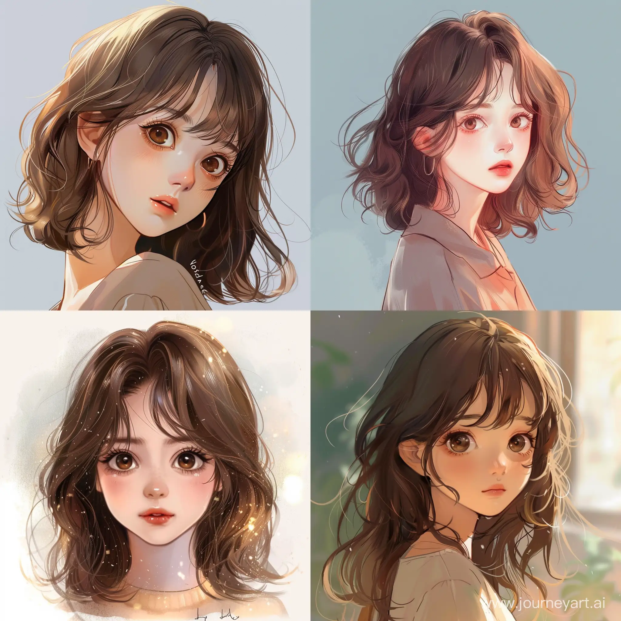 cute girl, brown hair, brown eyes, young, illustration