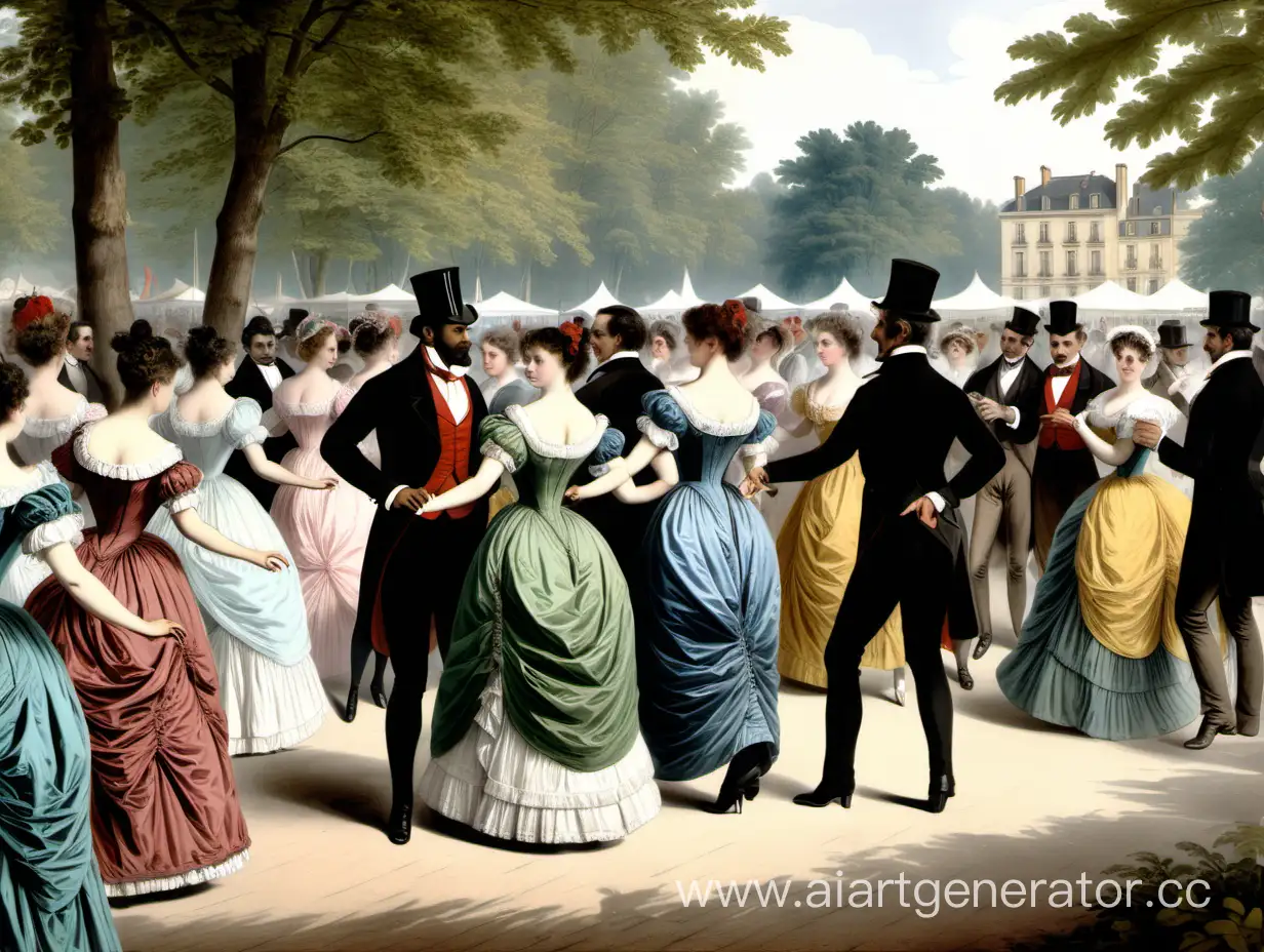 Франция, девятнадцатый век, вечеринка в парке  - гости танцуют и общаются. Полноцветное изображение, реалистичные детали