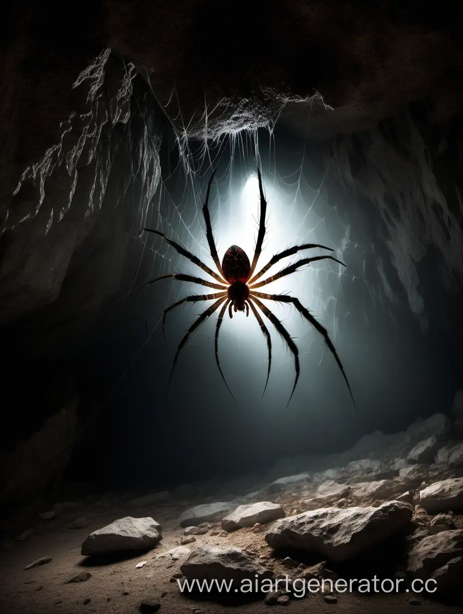 Огромный паук в пещере со светом