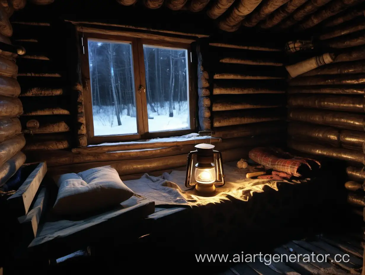 Cozy-Night-in-an-Old-Russian-Izba-with-Bed-Table-Bench-and-Stove