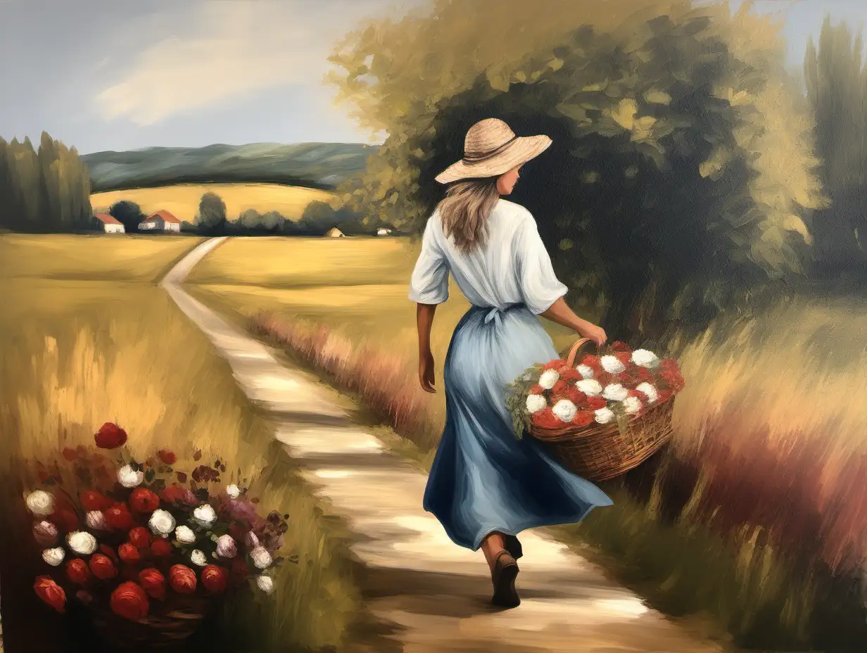 FRECH COUNTRY OIL PAITING WITH WOMAN WANDERING GRACEFULLY WITH A VINTAGE VIBE AND A BASKET OF FLOWERS
