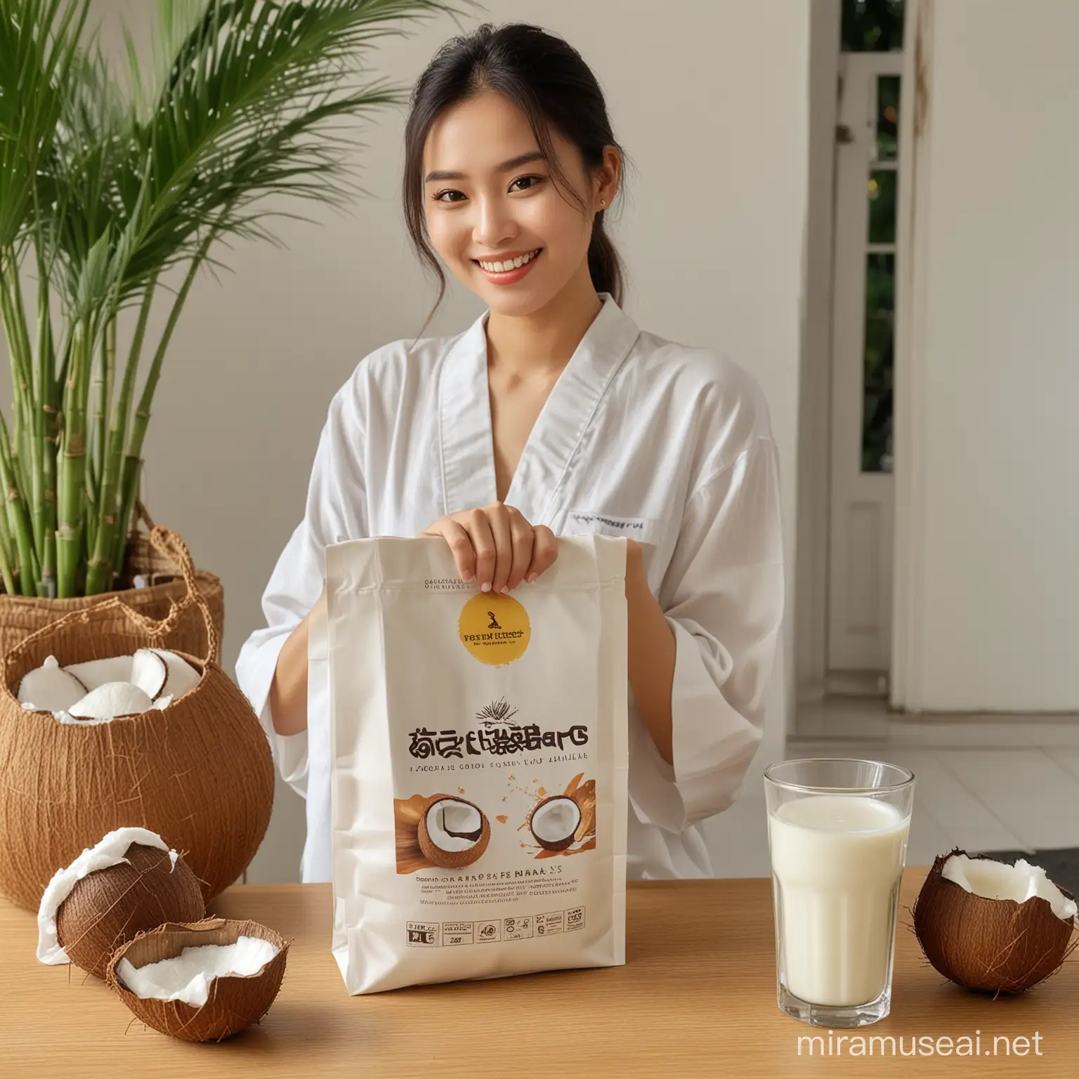 The white packaging box bag labeled SANTANKU on the front is labeled "SANTANKU" there is a window in the bag showing the coconut shell and melted coconut milk coming out of the coconut, with a glass and chocolate, sexy, melted, from coconut, seen next to an Asian woman who smiling drinking a glass of milk,tumpahan cair table background, 8k photoshoot