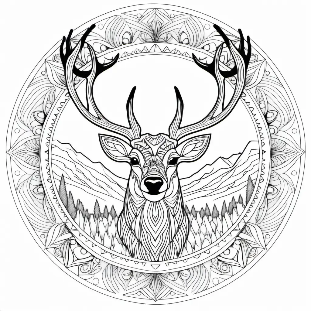 coloring page for adults, mandala, elk, white background, clean line art, fine line art 