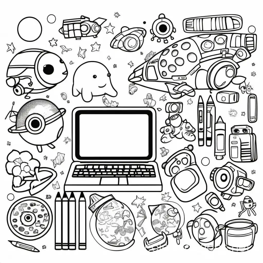 In the same photo put some animals , school things, devices, and some space things, Coloring Page, black and white, line art, white background, Simplicity, Ample White Space. The background of the coloring page is plain white to make it easy for young children to color within the lines. The outlines of all the subjects are easy to distinguish, making it simple for kids to color without too much difficulty