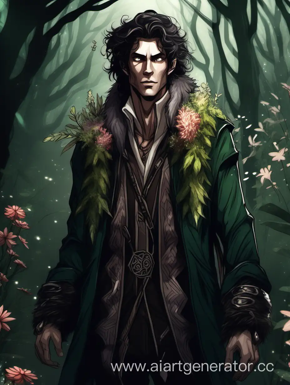 An elf druid guy with shaggy dark hair woven with lots of herbs and flowers. With a mad wandering gaze. Standing tall amidst the dark forest dressed in a jacket with a fur collar