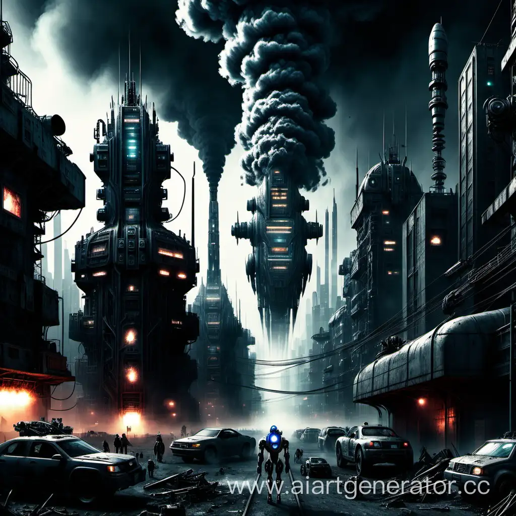 Тёмный город, город будущего, заводы, дым, грязь, роботы, киборги, мониторы, камеры, дроны, космические корабли.