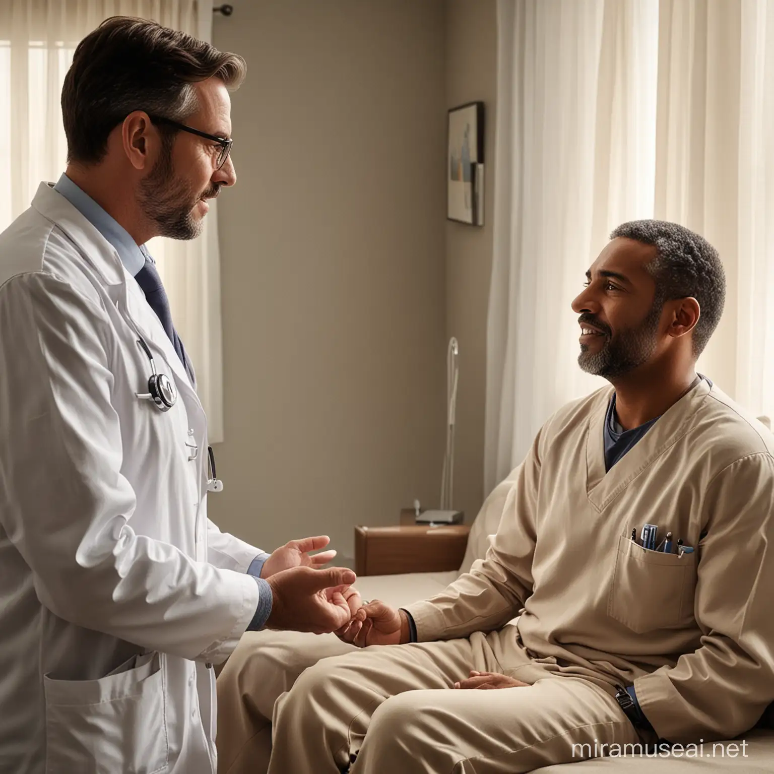This visualization depicts a male patient and a physician in a personal and engaging dialogue from the comfort of home.