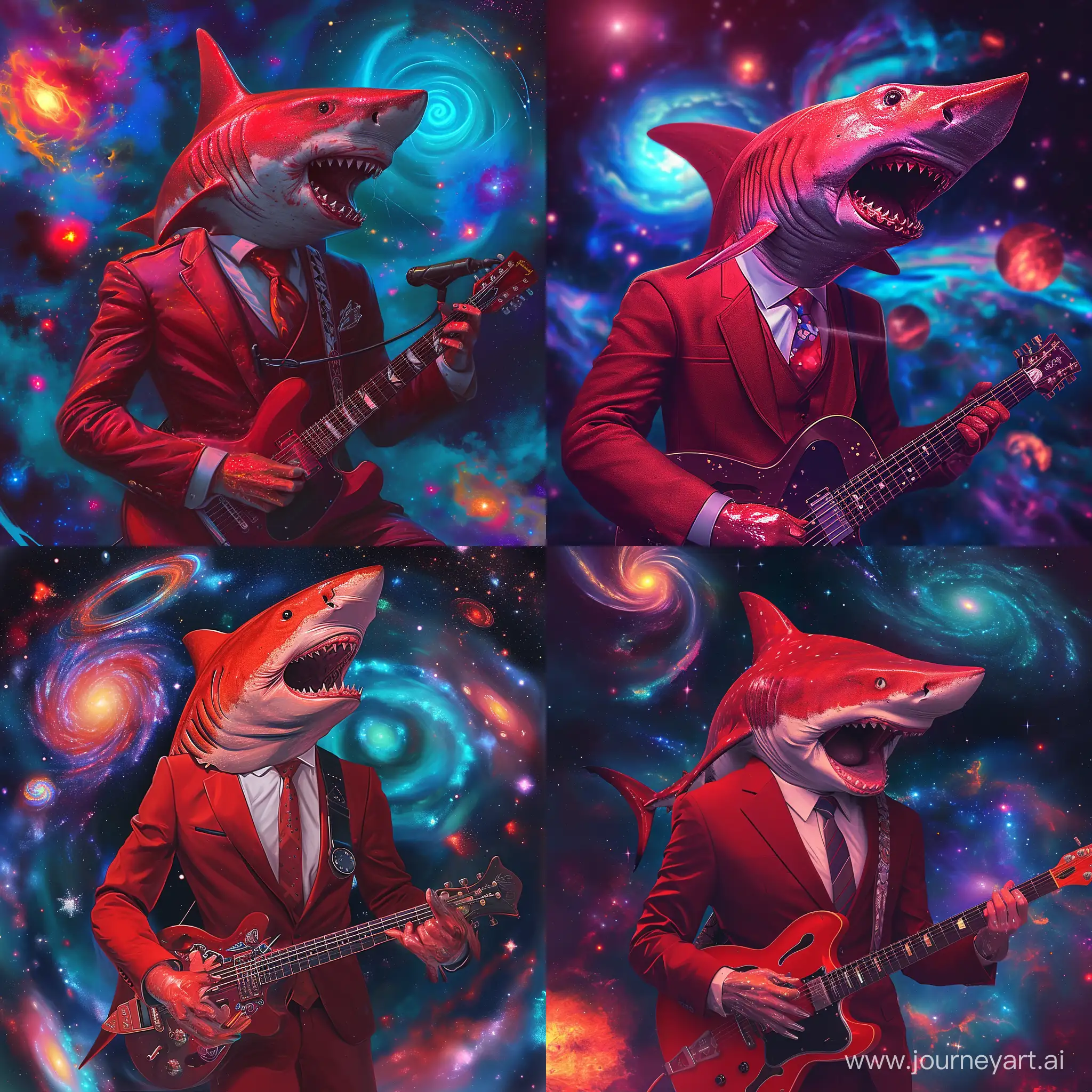 realistic humanoid red shark, mesmerizing vibrant detailed face, exaggerated shark face, singing, wearing a sophisticated red business outfit, such as a tailored suit with a crisp white shirt and a statement tie, looking dapper and professional. The shark should be shown playing guitar, with cosmic elements in the background such as swirling galaxies, stars, nebulae, surreal and awe-inspiring setting, The overall atmosphere should convey creativity, power, touch of mystique, great lighting, heavy head, high detailed head, opened-mouth, vibrant pose, main red theme, masterpiece, Midnight blue cosmos, purple cosmos, lens-flare, neon lights, cosmical exploaion, overwhelming in cosmos --q 4