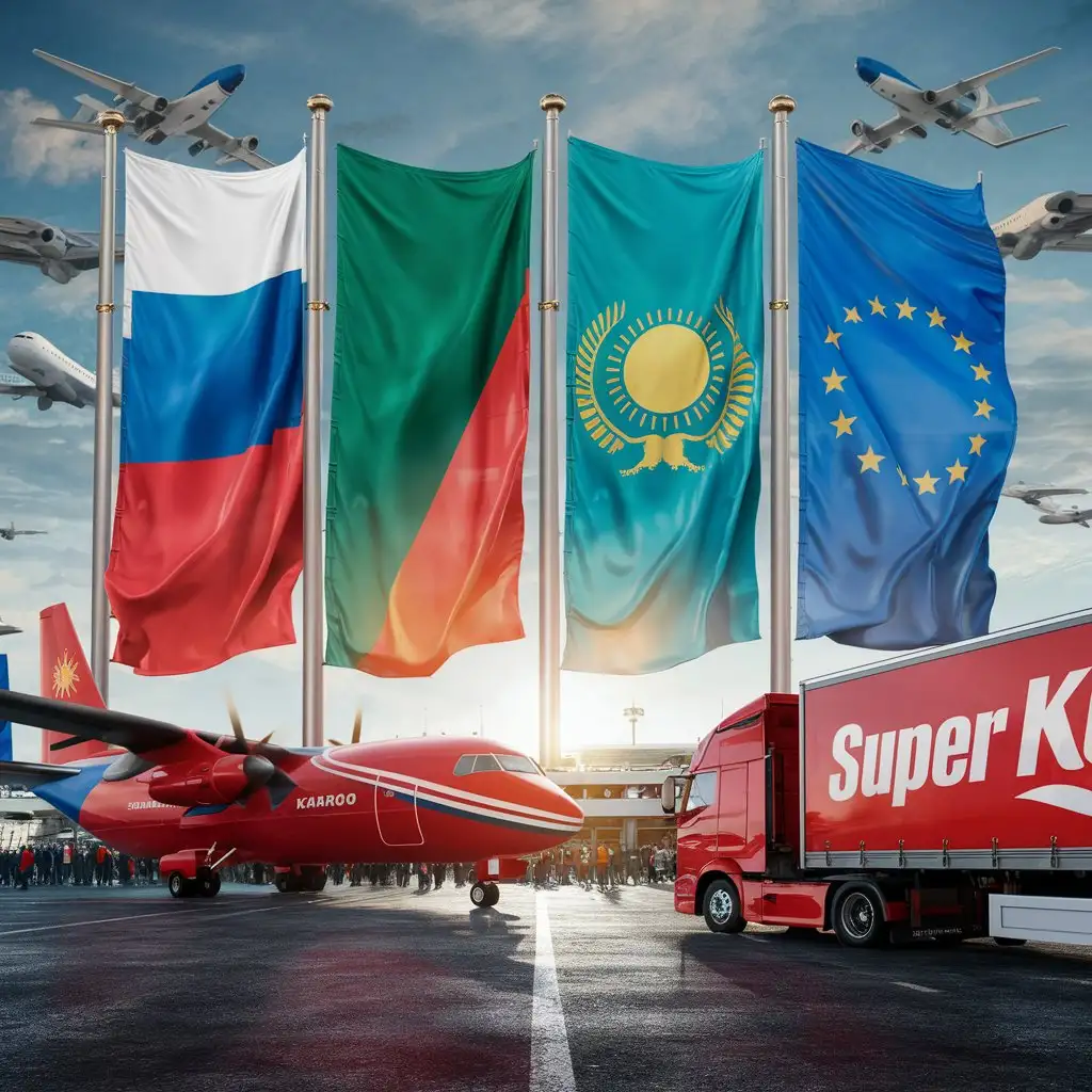 An image of the flags of Russia, Belarus, Kazakhstan and Europe standing side by side. "SUPER KARGO" is written on the red Logistics plane and truck
