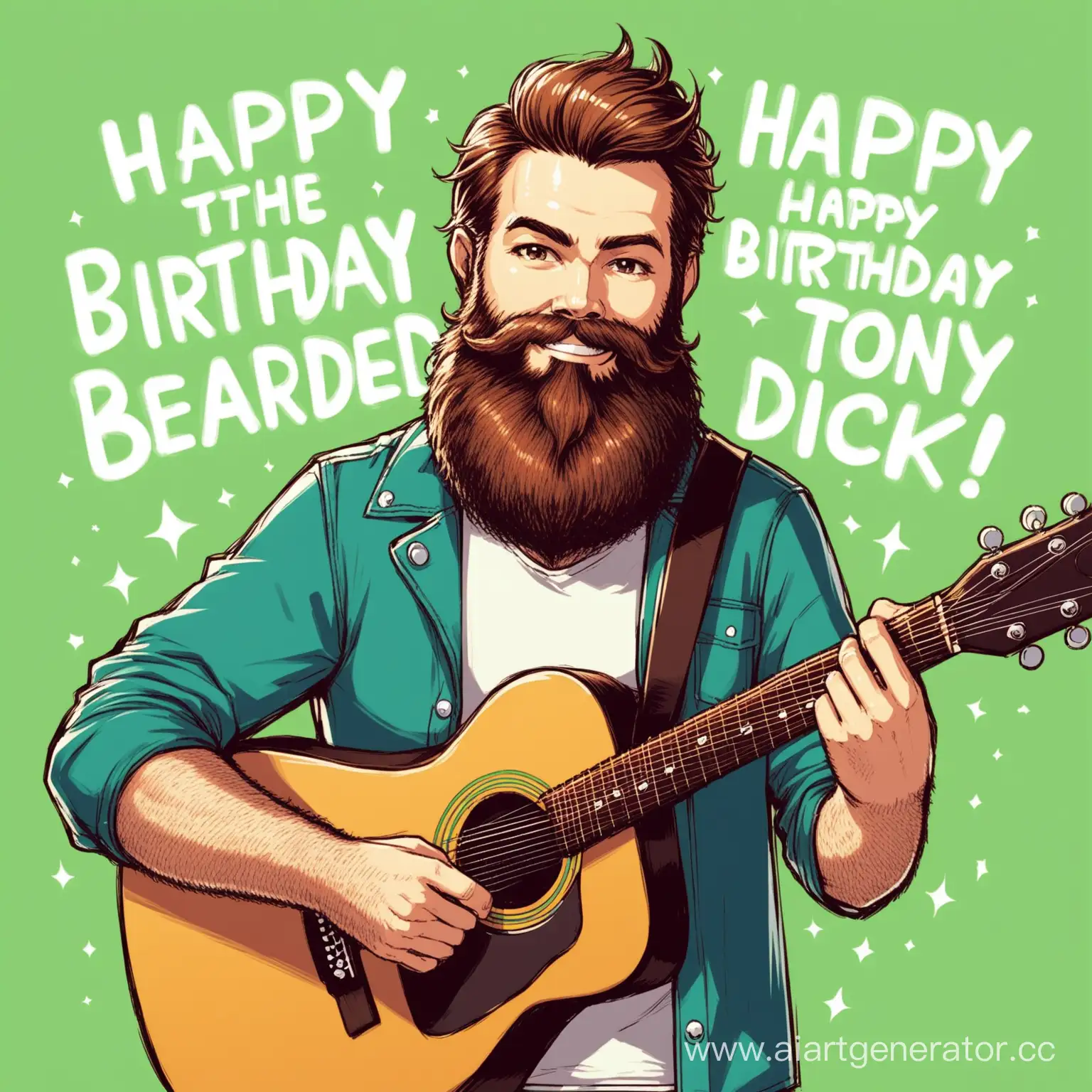 бородатый  программист с гитарой, с надписью С днём рождения Тони бородатый хуй!