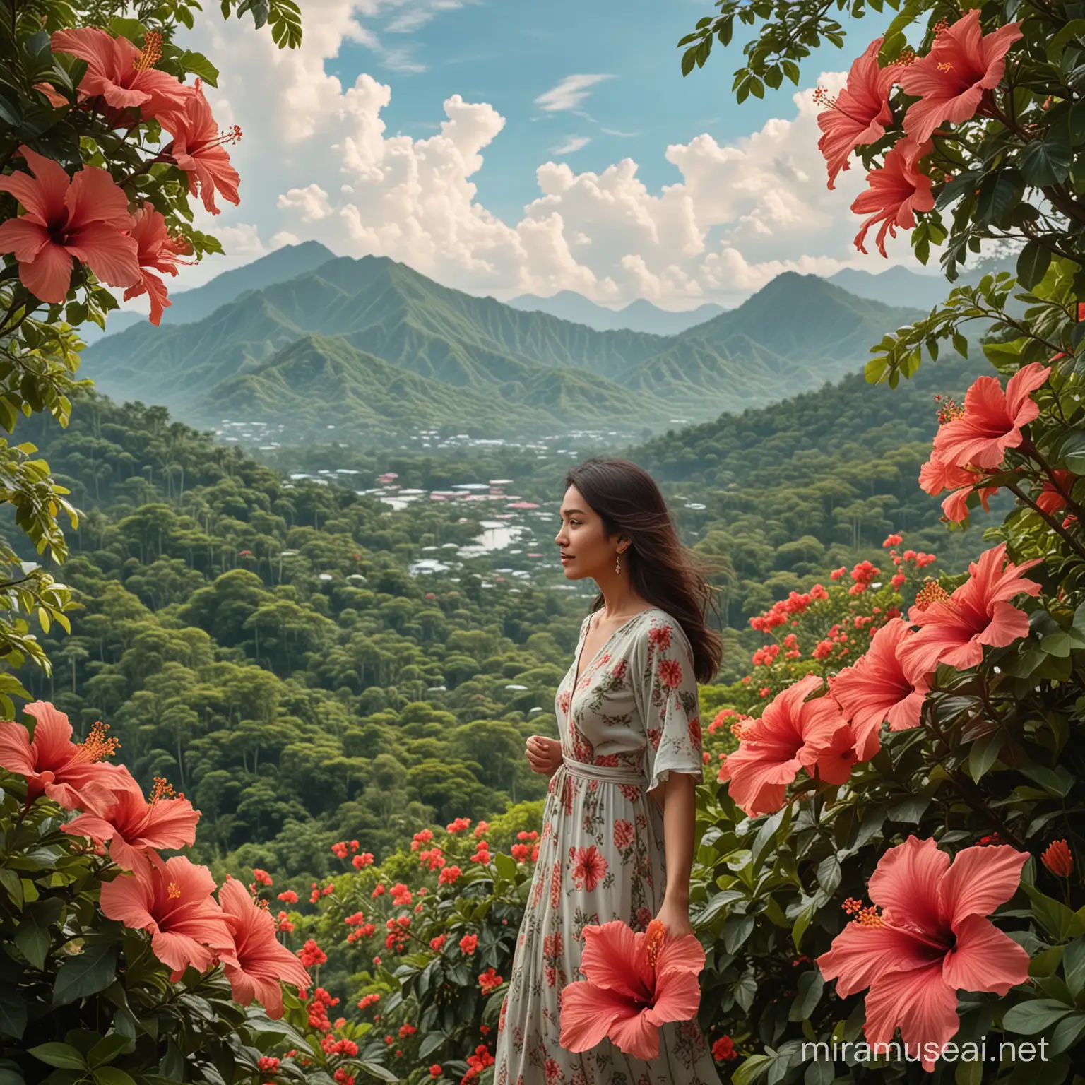 Raya's surroundings reflect the lush landscapes of Malaysia, with verdant forests, tropical blooms, and majestic mountains in the distance. She is often depicted against a backdrop of hibiscus flowers in full bloom, their petals swaying gently in the breeze.