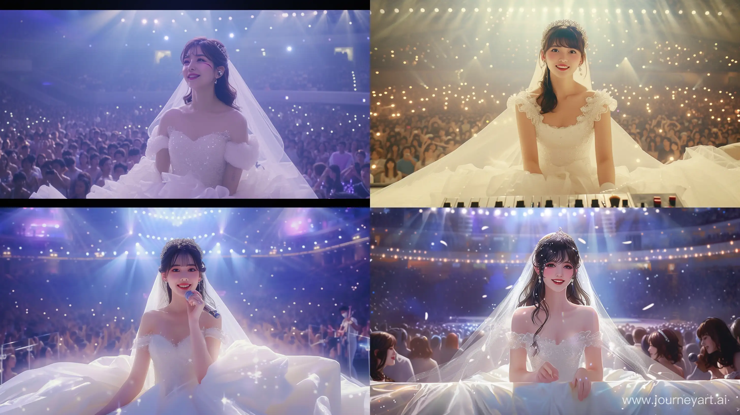 G.E.M. (邓紫棋), the focal point at her concert, seated elegantly in a white wedding dress, her makeup detailed to perfection, as though she's approaching her wedding altar. Smiling warmly, she sings into the microphone. The vast stage and audience encapsulate the grandeur of the event, with brilliant lights adorning the scene, evoking a romantic, dreamlike quality. Wide-screen perspective, high resolution, --ar 16:9