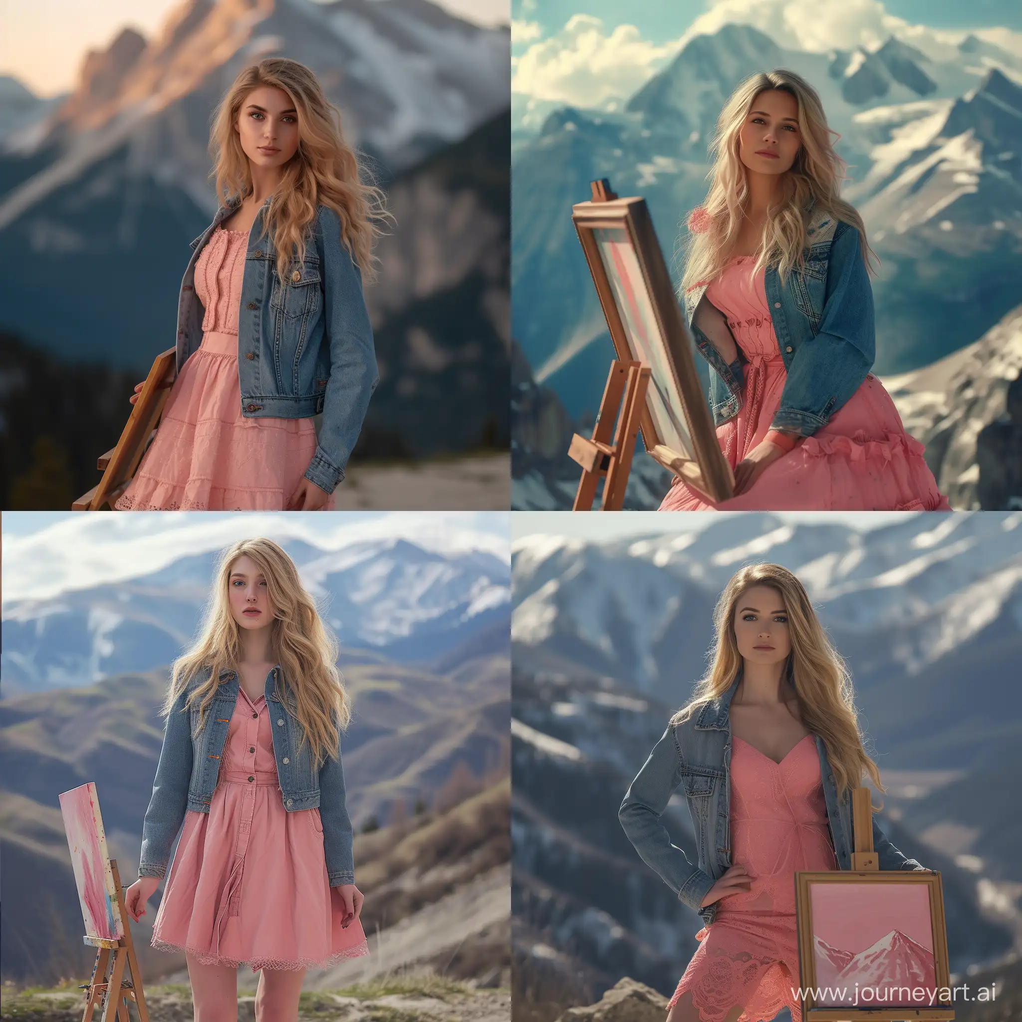 Portrait-of-35YearOld-Female-Artist-in-Pink-Dress-and-Denim-Jacket-with-Mountains-Cinematic-Photoshoot-with-25mm-Lens