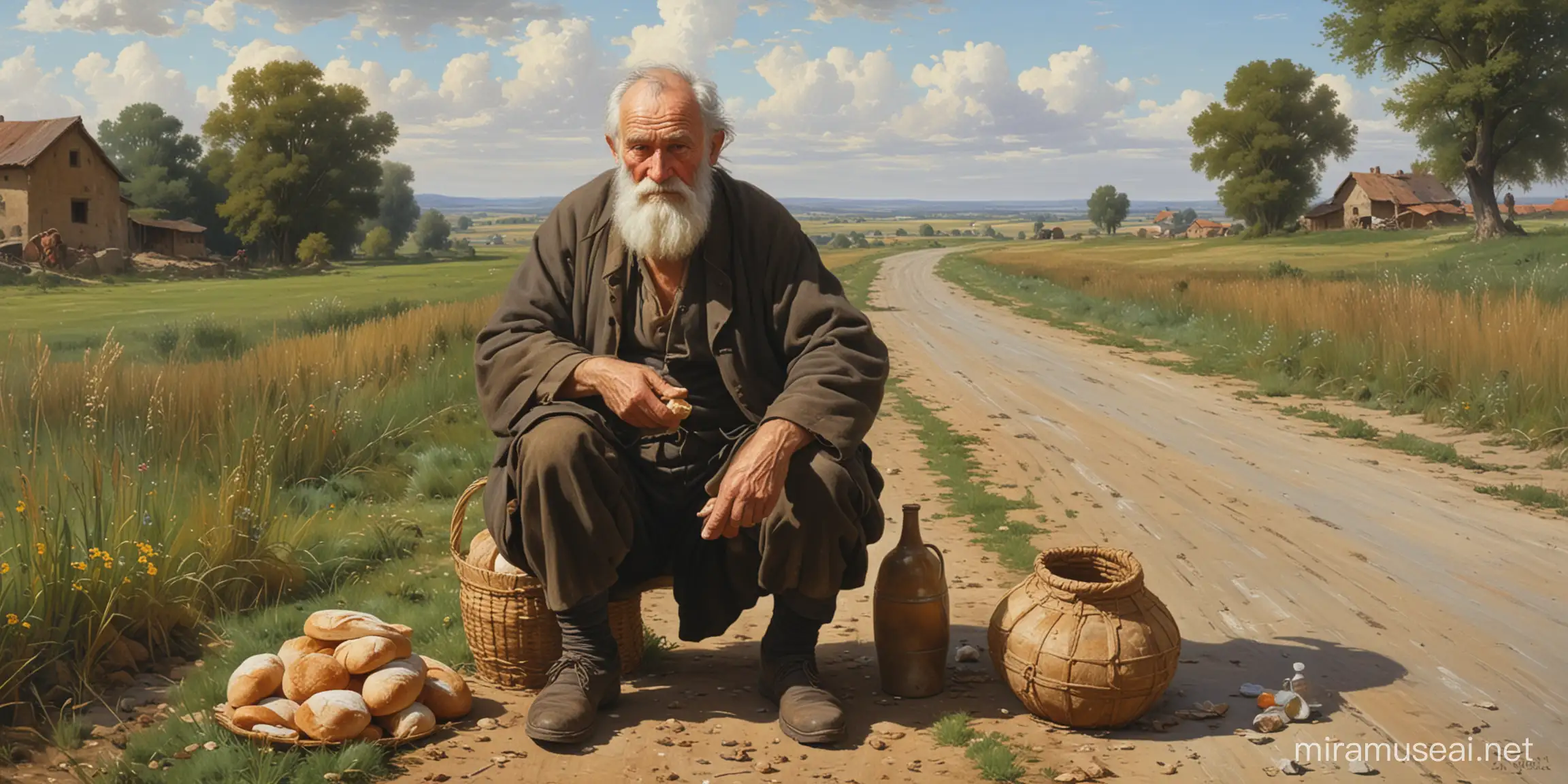 картина в стилегенриха семирадского, эпическая старик внук , у дороге в поле, сидят, устали,в руках хлеб и кружка с водой, дали
