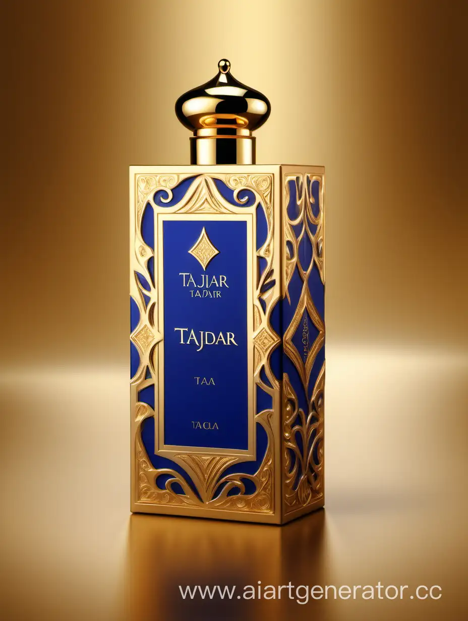 Luxurious-Perfume-Box-Design-TAJDAR-Elegant-Gold-Royal-Blue-and-Beige-Palette
