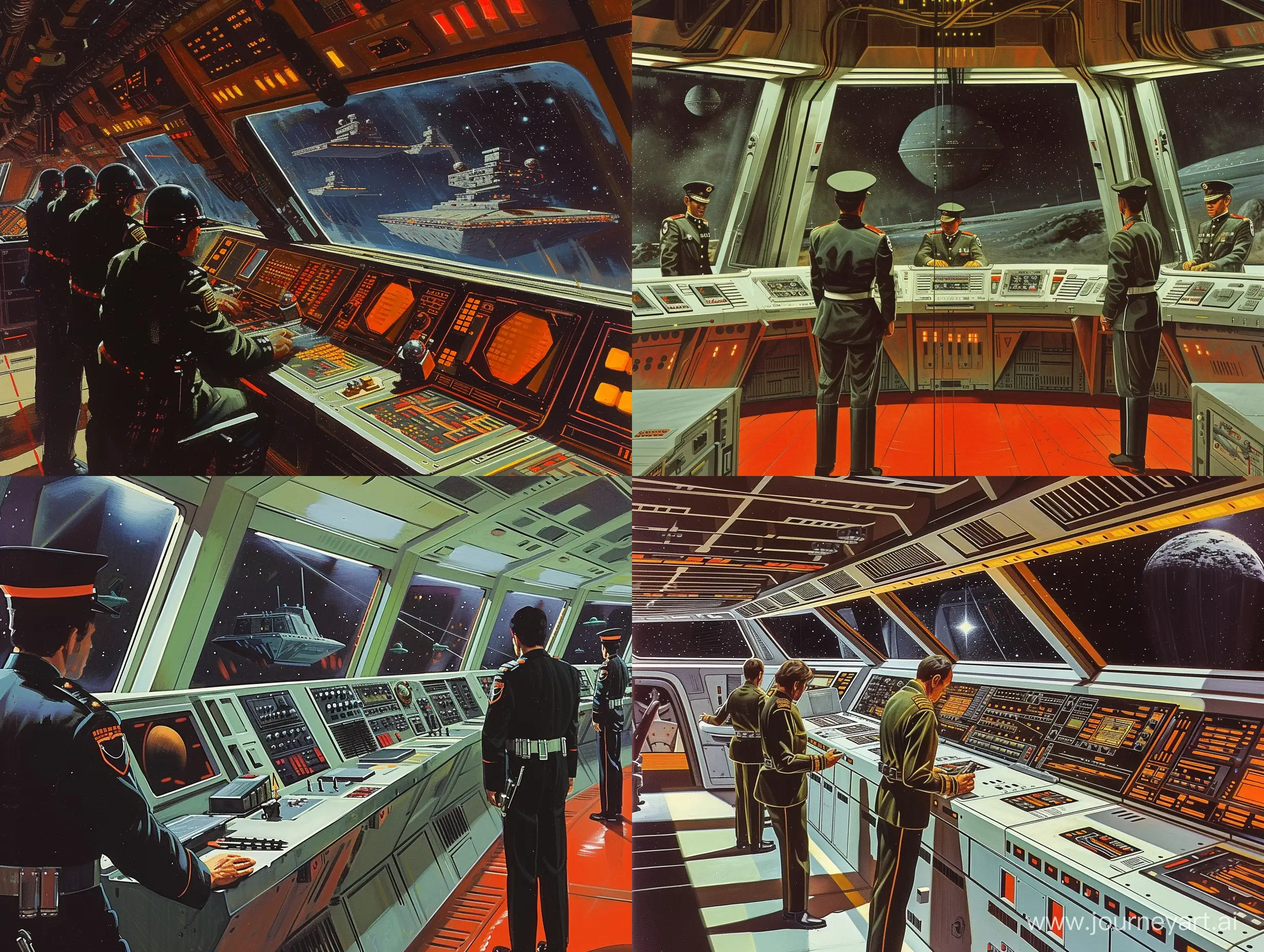 Concept art of the bridge of a star destroyer by Ralph McQuarrie. officers on the bridge. Retro Science Fiction Art style. in color.