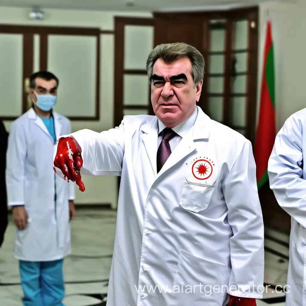 President-Rahmon-in-Doctors-Coat-Covered-in-Blood