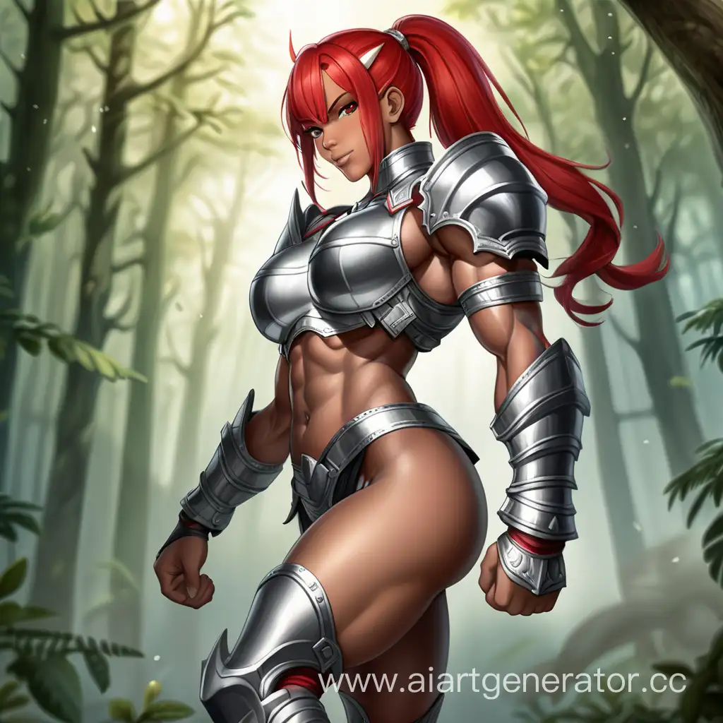Fantasy Forest, 1 Person, Women, Human, Scarlet Red Hair, Long hair, Back Ponytail Hair style, Dark Brown Skin, Silver Full Body Armor,  Chocer,  Red Liptsick, Serious smile, Big Breasts, Brown eyes, Sharp Eyes, Flexing Muscles, Hard Abs, Toned Abs, Big Muscular Arms, Big Muscular Legs, Well-toned body, Muscular body, 