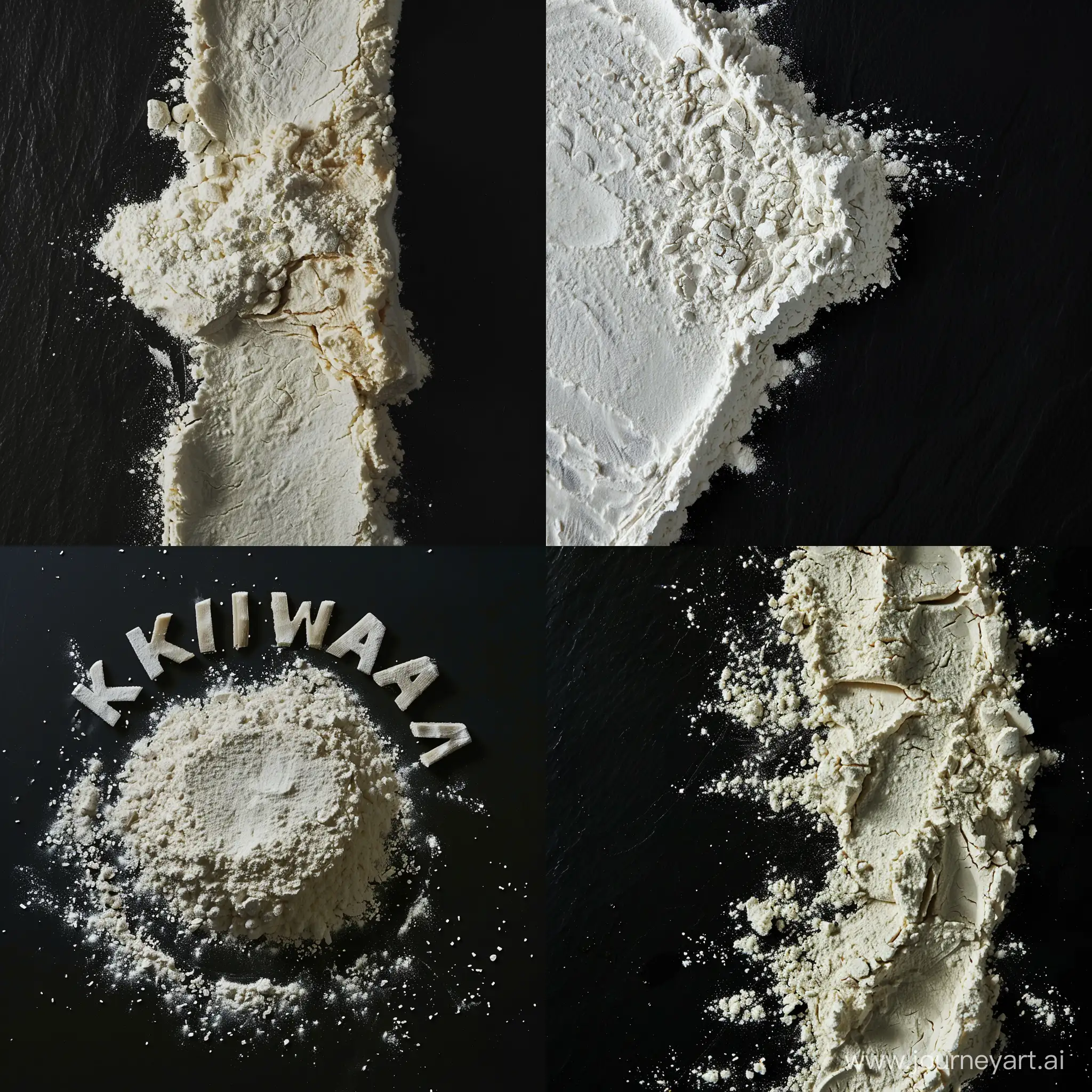  top-down photograph of a thin flour layer shaping [text in capital letters:KIWAMI] against a black background