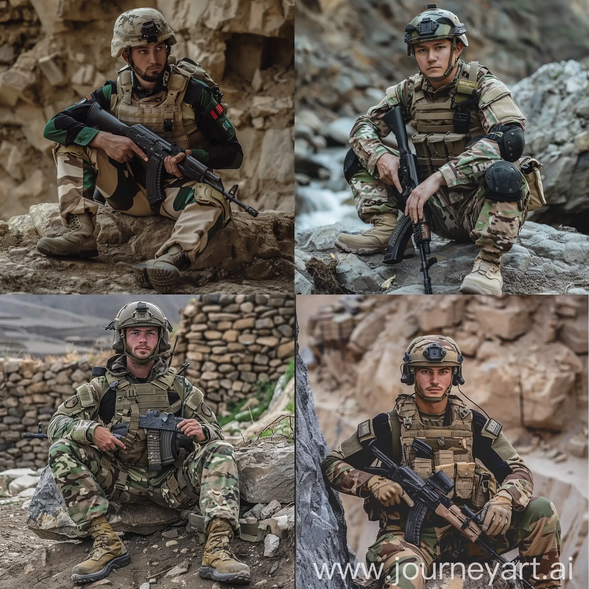 Military-Soldier-in-Camouflage-Uniform-with-AK45-Rifle-Sitting-on-Rock