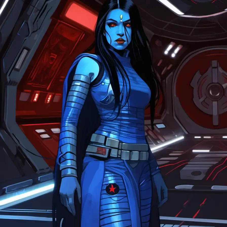 beautiful young woman, blue skin, long black hair, red eyes, mouth guard, spaceship interior, Star Wars art