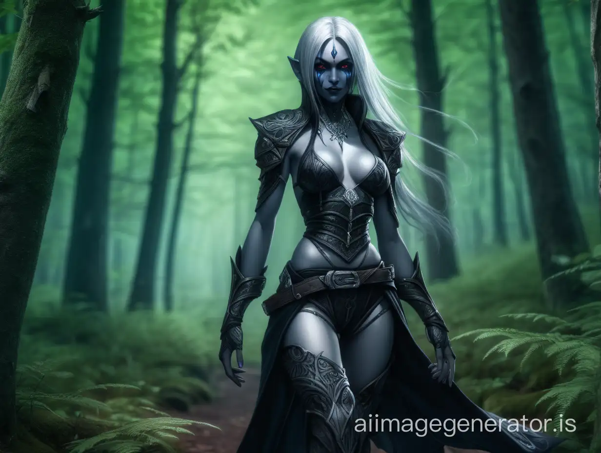 Girl 25 years old, fantasy, dark drow, perfect figure, full height, interested gaze, walking towards the viewer, attention to detail, high quality, fantasy assassin clothing, intoxicated with euphoria, in a green forest