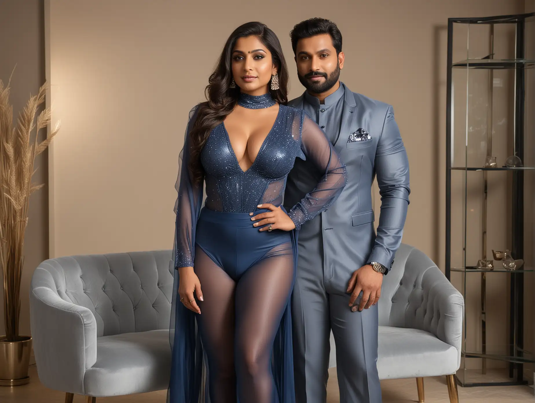 Generate full  body front view image of a 45 year old very busty and curvy Indian woman  wearing skin tight shining blue chiffon full sleeve and skin tight  full pant see through full transparent chiffon bodysuit  standing with  one boyfriend who is in a formal grey suit in the same chair and hugging her from behind in a modern boss chamber