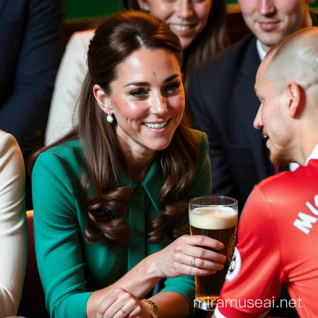 Kate Middleton drinks beer with Manchester United fans in a pubsitting next to the table.