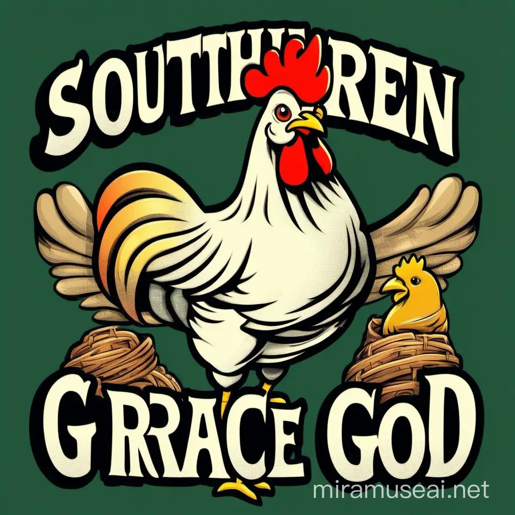 A cartoon chicken design, 8 colors in the design, for kids, with the saying on the design “Southern by the grace of God.” Use entire saying. 