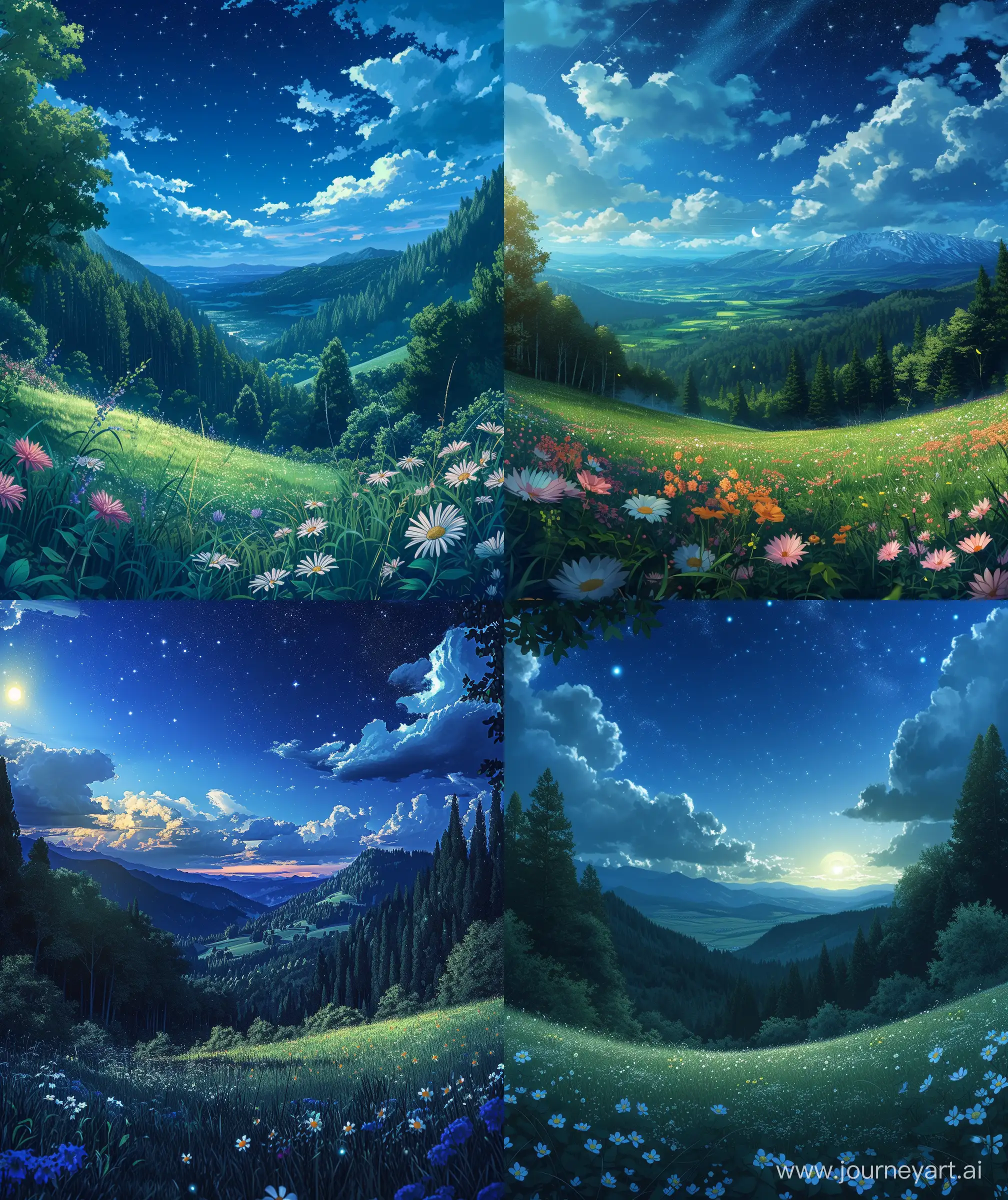 Mokoto shinkai style,Anime  floral  meadows, panorama shot, distance forest, starry sky, moonlight over valley, mountain showings, clouds, ultra HD, high quality --ar 27:32 --v 6.0