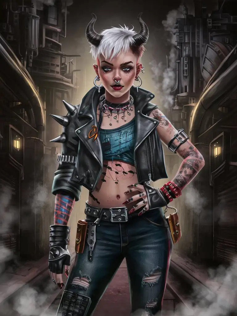 Female character, teenager, short white punk hair with bang, cyberpunk outfit, punk tattoos, horns, undergrond dieselpunk city