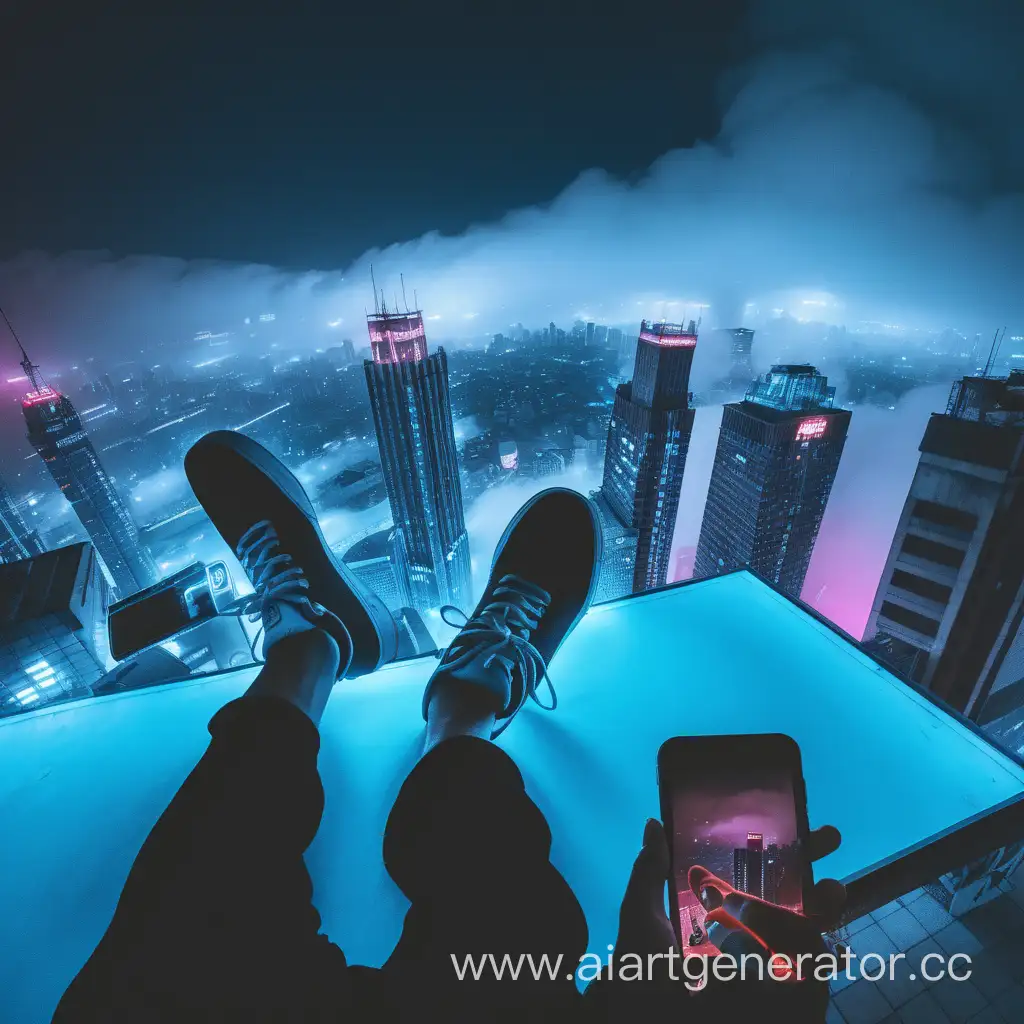 pov building, cellphone, city, cityscape, cloud, holding, holding phone, outdoors, phone, pov, pov hands, shoes, sky, smartphone, neon blue fog, neon light, dark, night, sitting on the edge of the roof