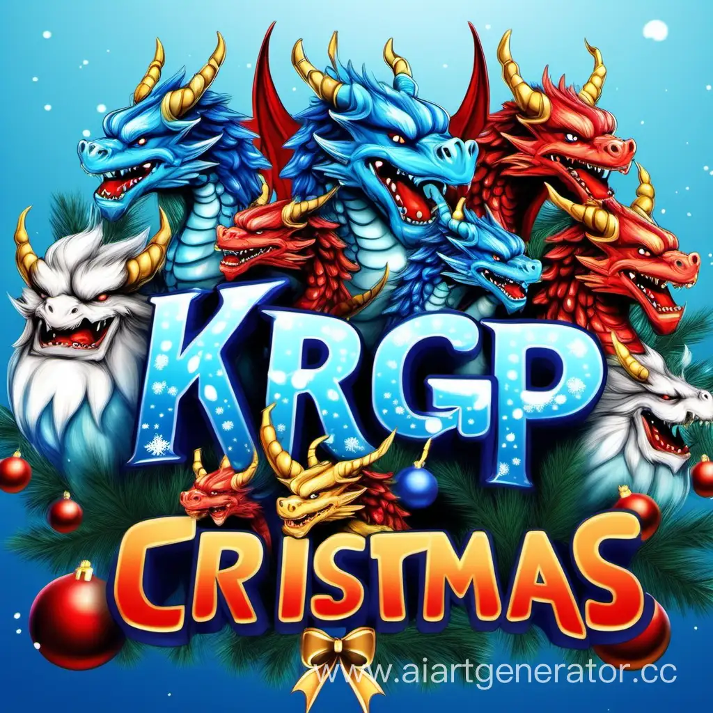 буквы KRGP сделать пушистыми и ёлочными украшениями, чтобы буквы KRGP были в центре событий, цвет синий фон и девять драконов