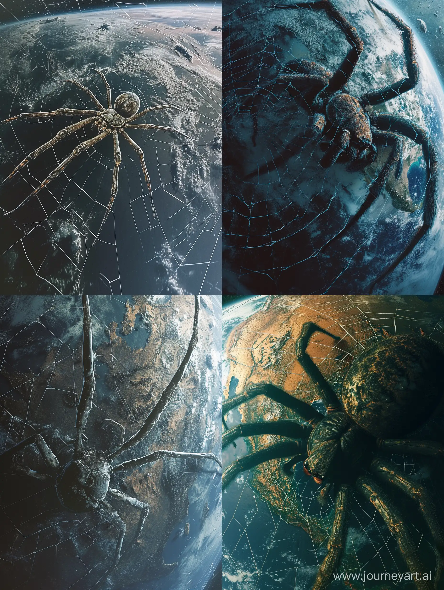 color photo of a satellite view from space, capturing a massive spider crawling across the surface of planet Earth. The spider's immense size is accentuated by the vastness of the planet, creating a surreal and awe-inspiring sight. Its long, sinewy legs stretch out, wrapping Earth in a web of intricate patterns that crisscross continents and oceans. The eerie lighting casts deep shadows, enhancing the sinister and foreboding atmosphere. The image portrays a sense of abandonment, as if humanity has vanished, leaving only the spider and its web behind. Experimenting with color grading techniques, such as desaturating the image or adding cool tones, can intensify the unsettling feeling and emphasize the otherworldly presence of the spider.