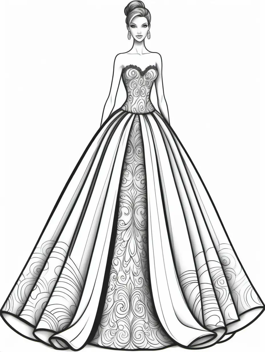 dress for fashion show, show the bottom of the gown, show the sides of the gown for coloring book, black and white, thick black lines, show 2 inch margin on the bottom of the page