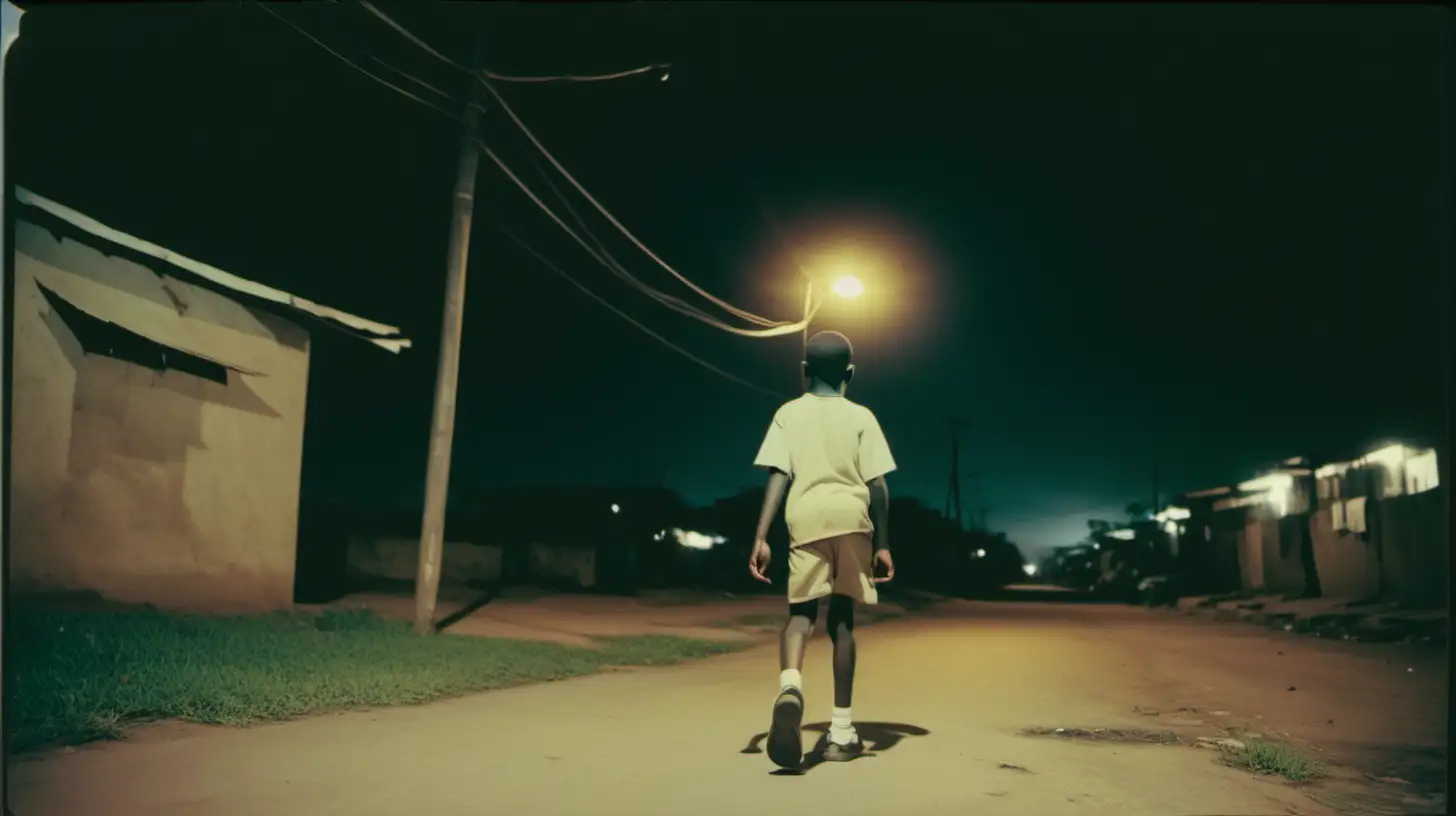 African township at night 
street light
15 year old kid walks wearing old nike running shoes

vintage look 16mm film