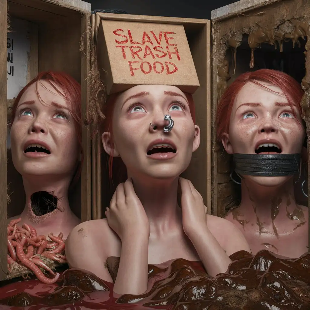 3d ultra realist resolution render, unreal engine render image portrait close up of three redhead young twenty girl russian women screaming kissing crying painful head inside box, eyes look high, write "slave trash food" on head, hands on neck, nose giant piercing, hole slice on neck, mouth iron bounded, mouth piercing, liquid mud on mouth, liquid mud organic trash bones worms overflow box high face.