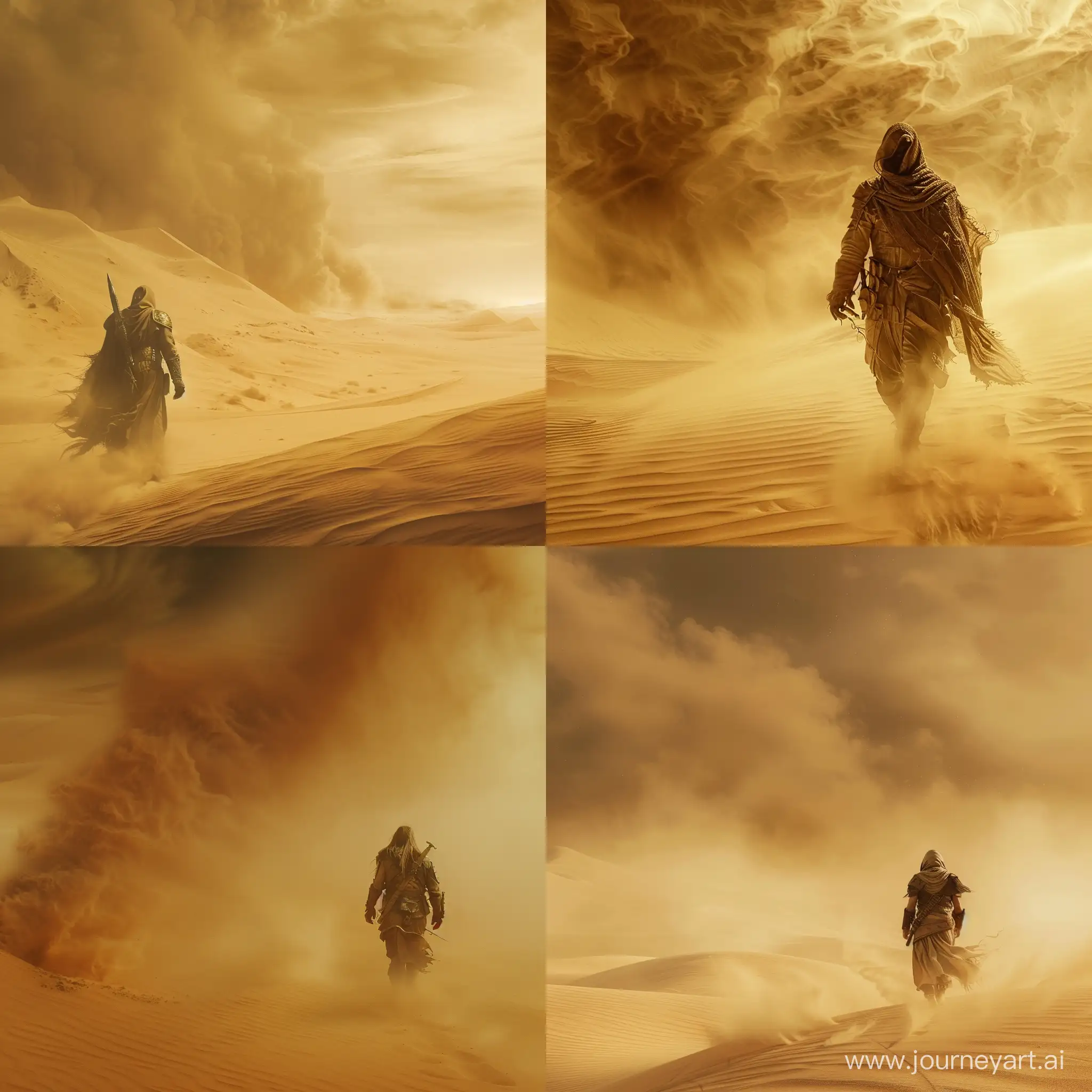 одинокий воин идёт среди песчаных дюн, песчаная буря