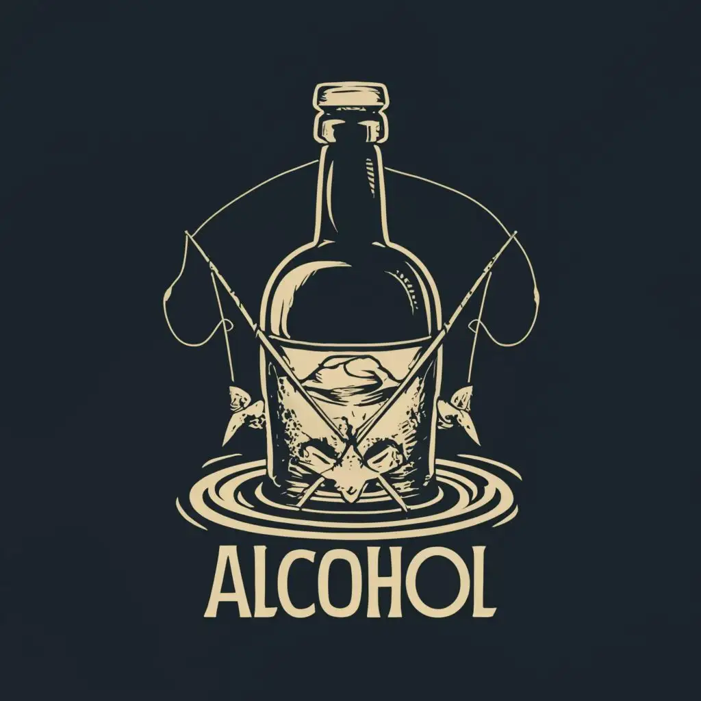 logo, Bottle, fishing, with the text "Alcohol", typography