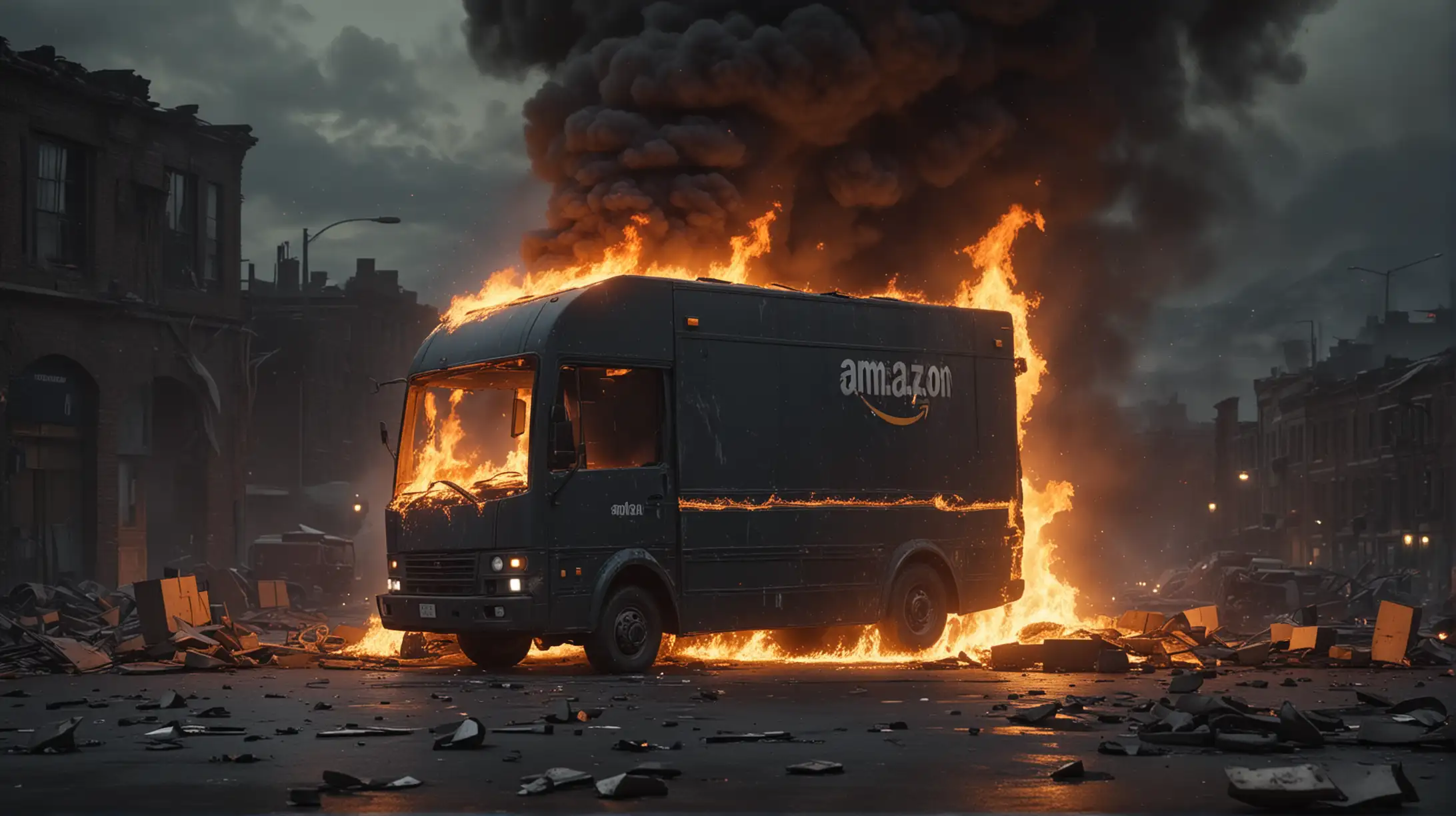 amazon delivery van, destructed, fire, dark, cinematic