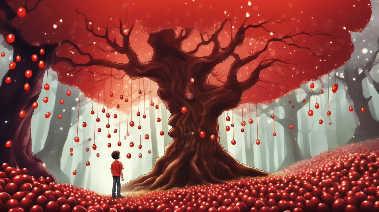 Magical Forest Tree with Red Candy Fruits and Boy