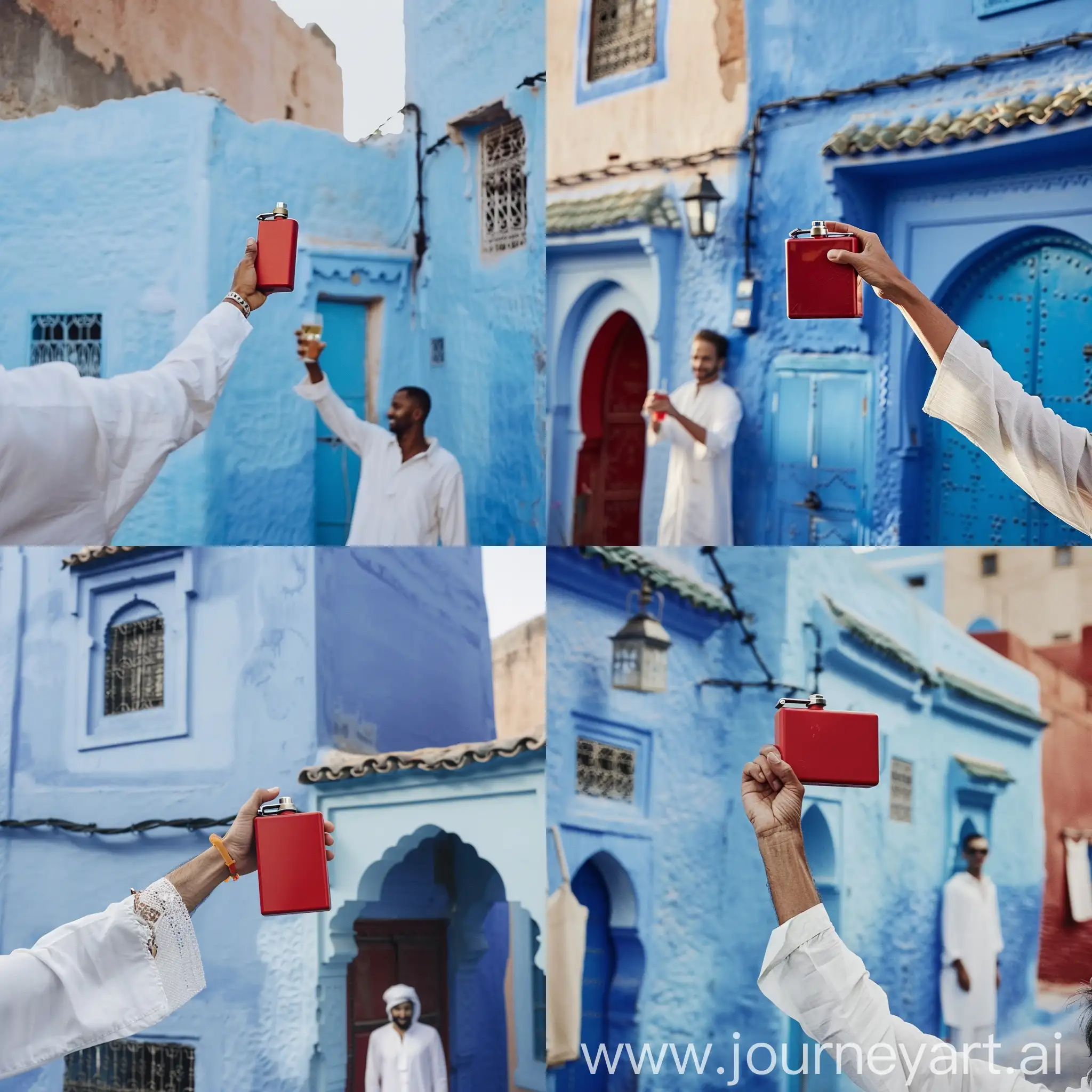 на фоне голубого здания в марокко рука человека стоящего за кадром в белой рубашке держит красную фляжку поднимает тост 




