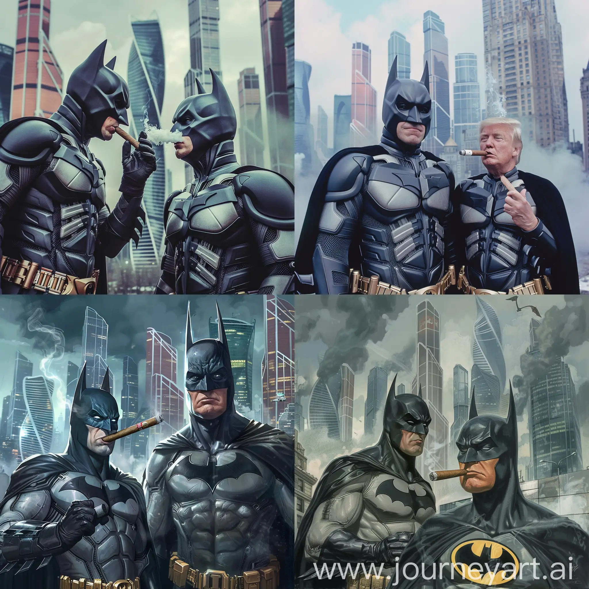 Batman smoke the cigar  with Donald trump, behind Moscow city skyscrapers 