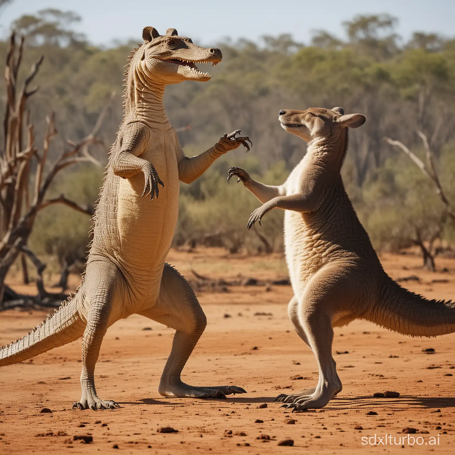 Crocodile dancing with a  Kangaroo